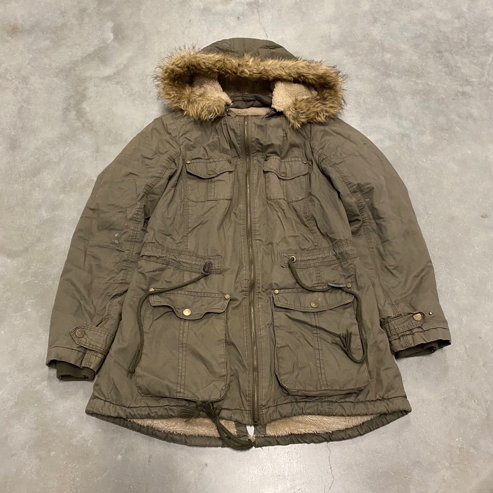 YMI Collection Olive Green Sherpa Lined Utility Parka Faux Fur Hood Large